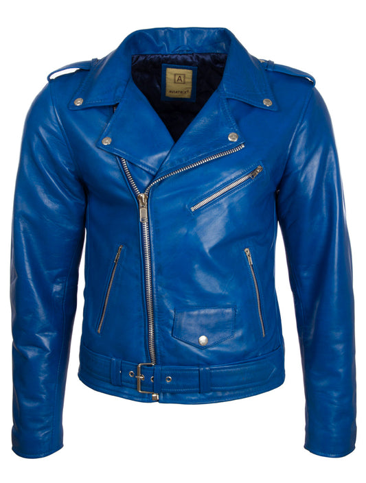 Blue leather jacket with silver zippers on a white background front view