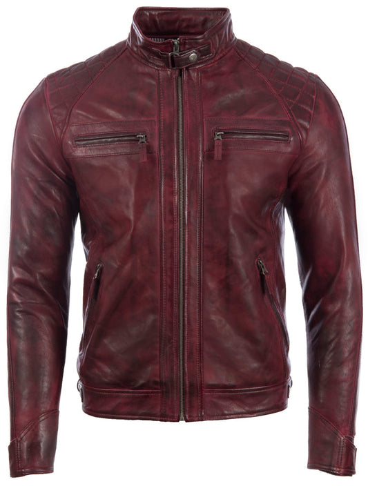 Men's Burgundy Brown Sheepskin Leather Biker Jacket