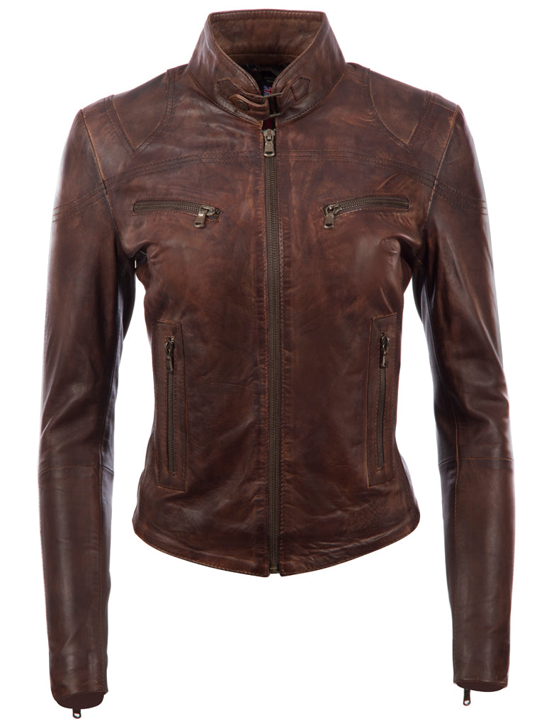 Brown leather jacket on a white background