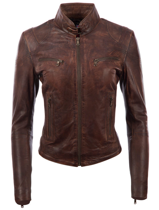 Brown leather jacket on a white background