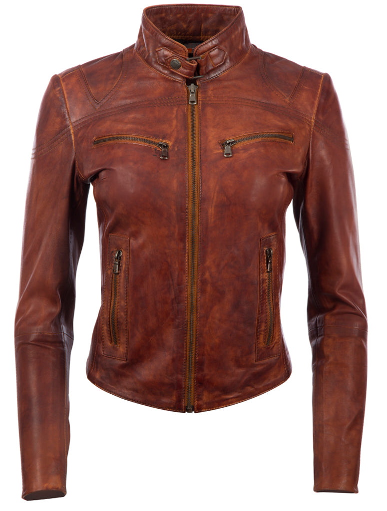 Brown leather jacket on a white background front view