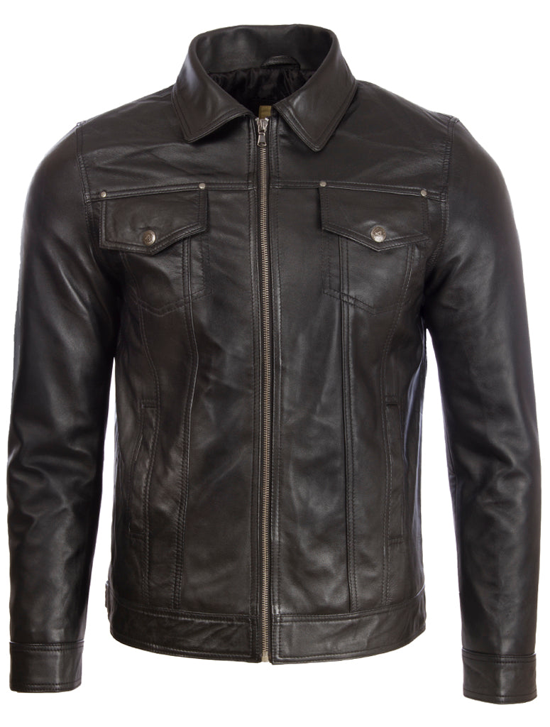 Black leather jacket front view on white background