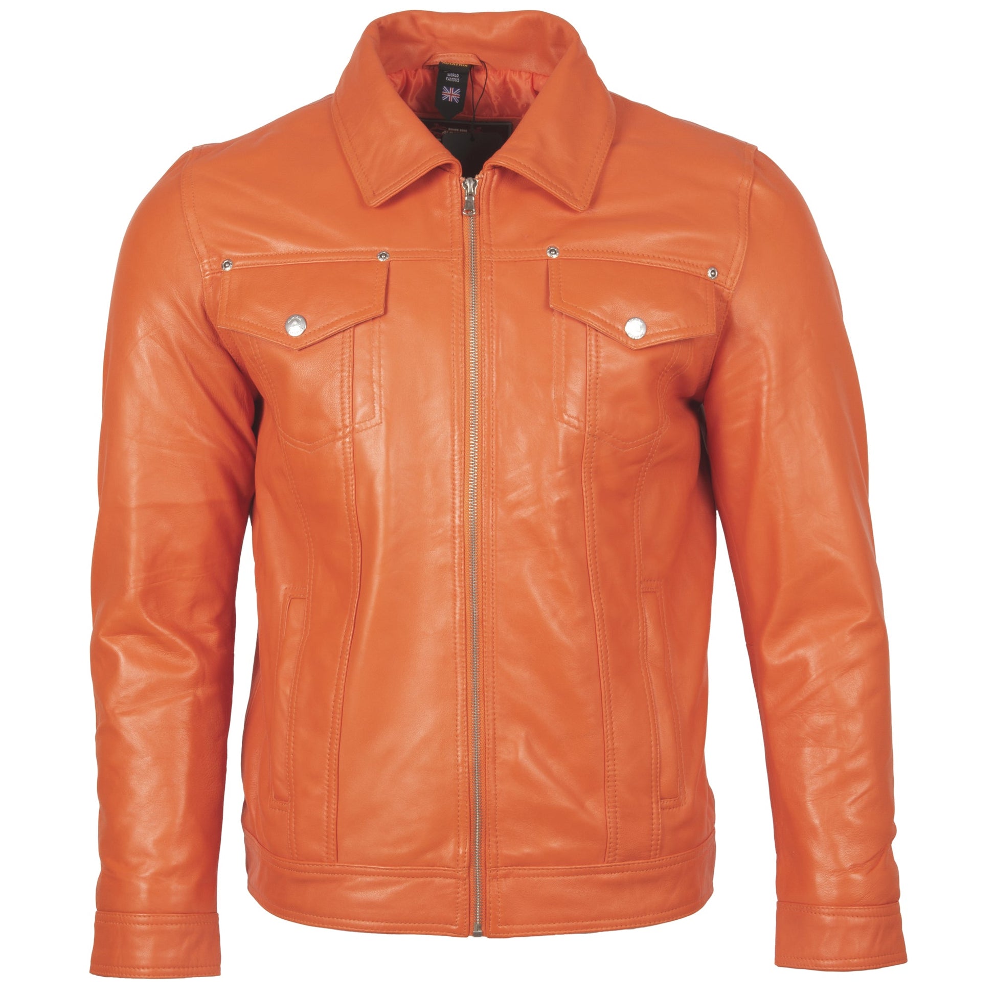 Orange leather jacket on a white background