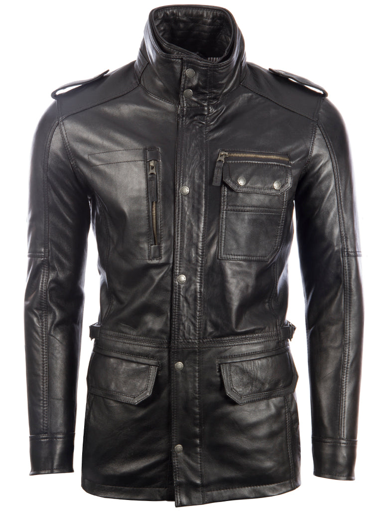 Black leather jacket with zippers and buttons on a white background
