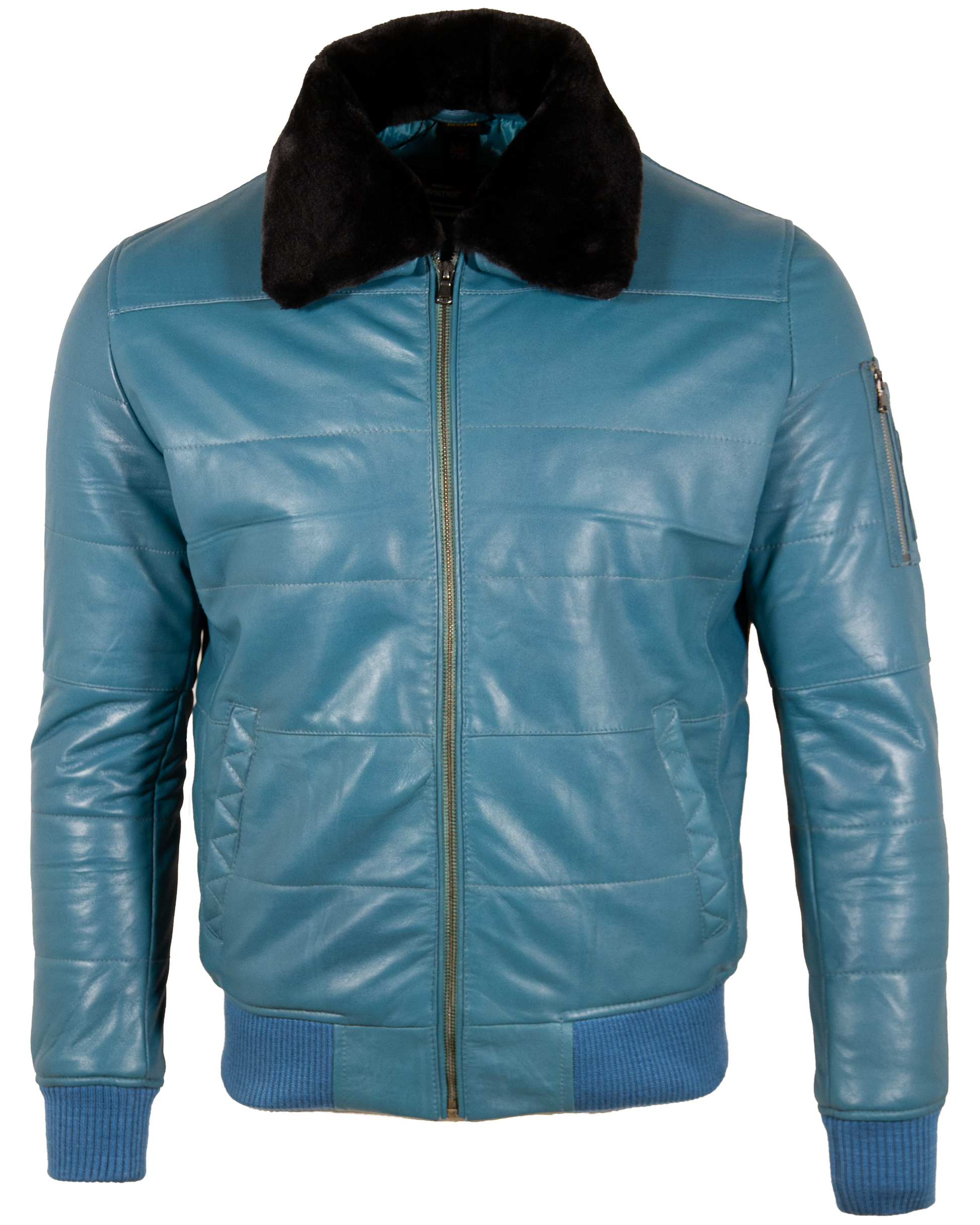 Blue leather jacket with black fur collar on a white background front view