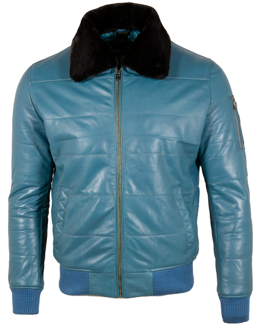 Blue leather jacket with black fur collar on a white background front view
