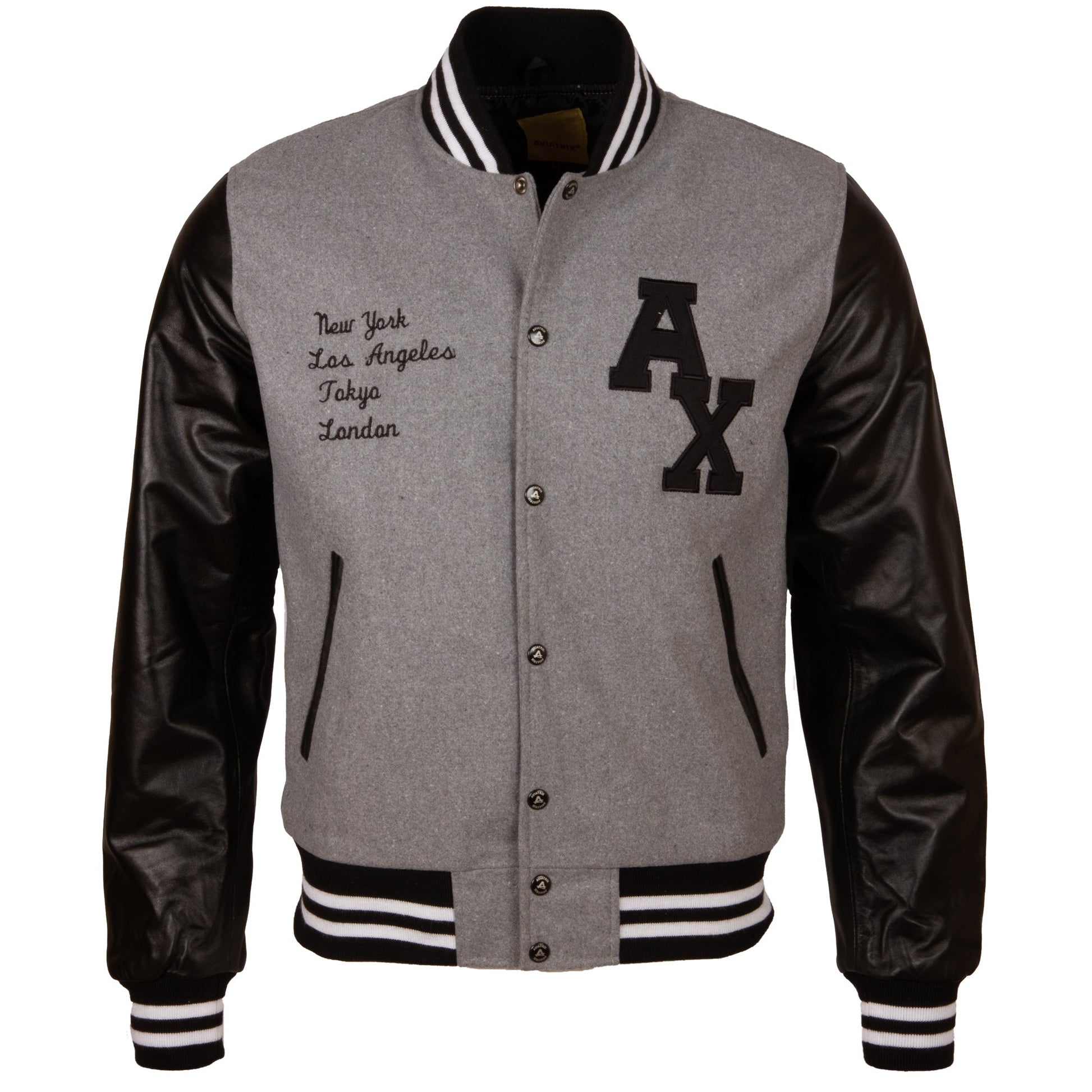 Gray varsity jacket with black sleeves and lettering on a white background