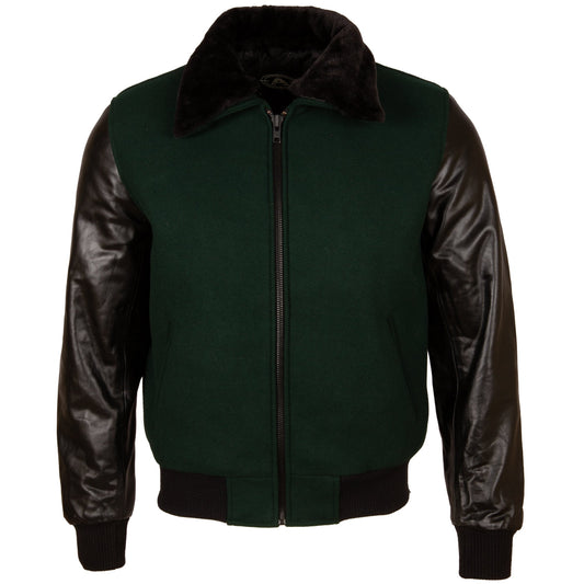 Men's Black Varsity Bomber Jacket - Leather & Wool