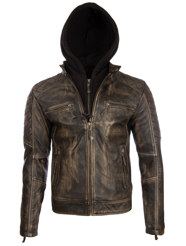 Men's Black Hooded Biker Jacket - Nappa Leather