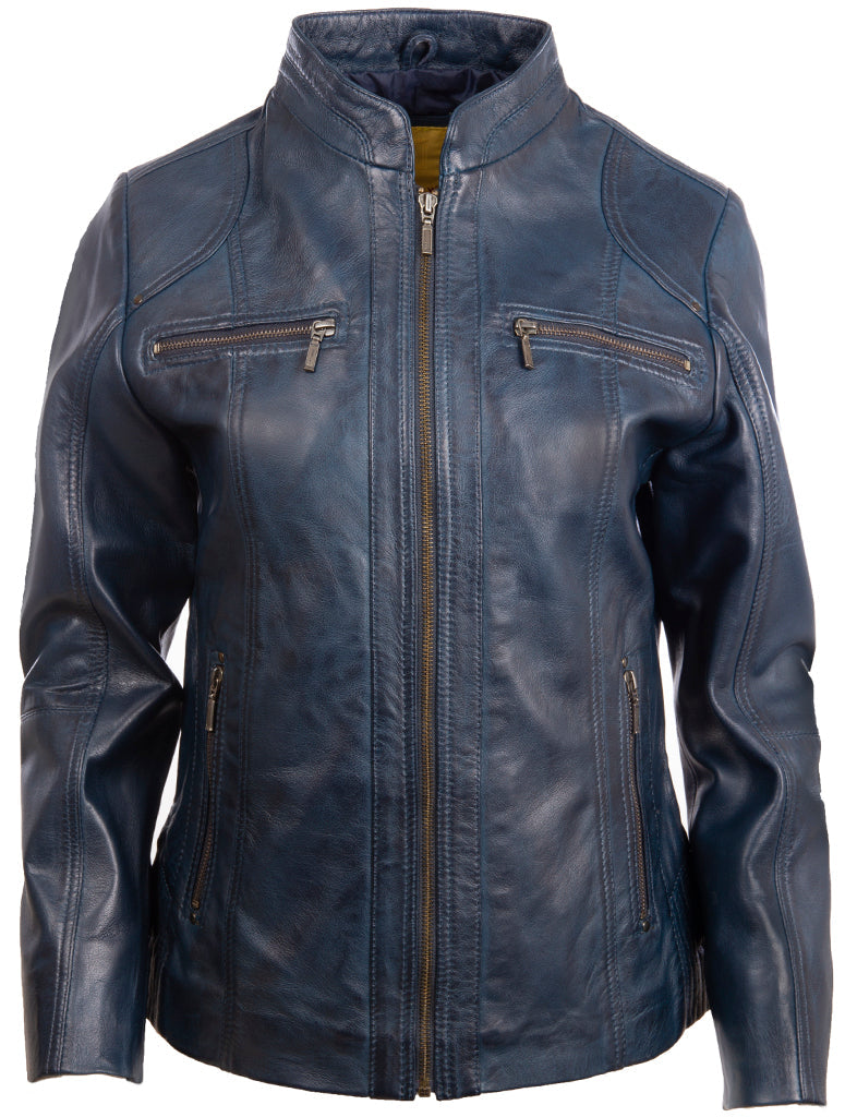 Blue leather jacket with zippers on a white background