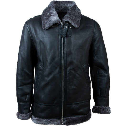 Black leather jacket with gray fur collar and cuffs on a white background