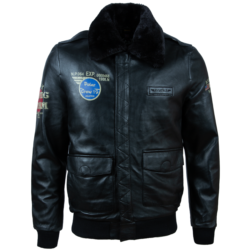 Black leather jacket with patches and text on a white background