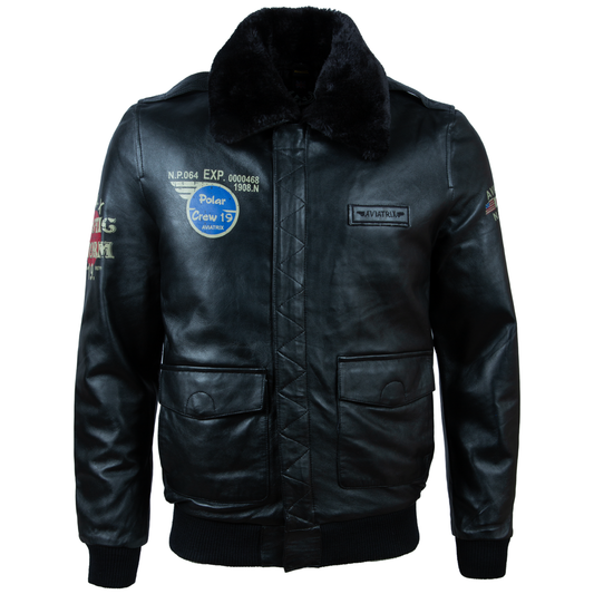 Black leather jacket with patches and text on a white background