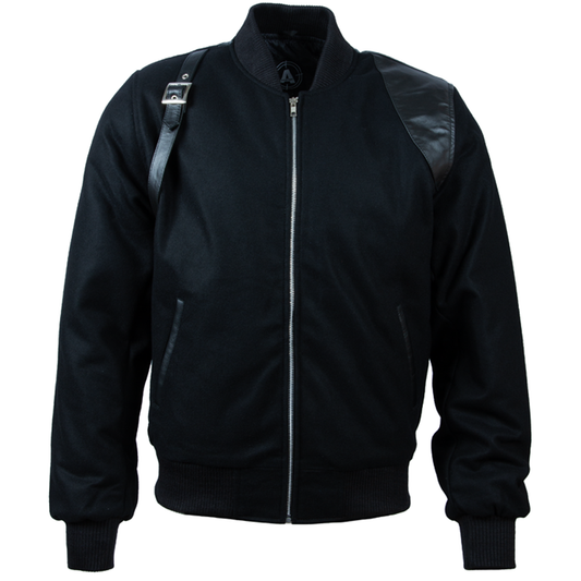 Men's Black Holster Strap Bomber - Leather & Wool