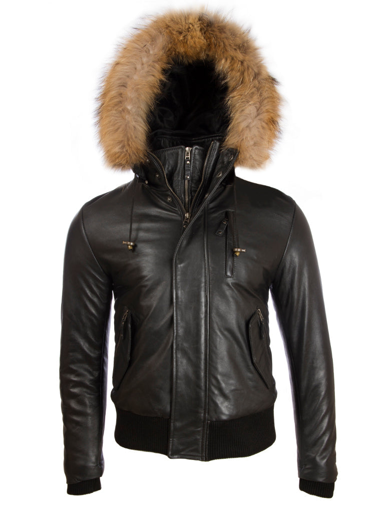 Men's Black Leather Bomber Jacket - Fur Hood