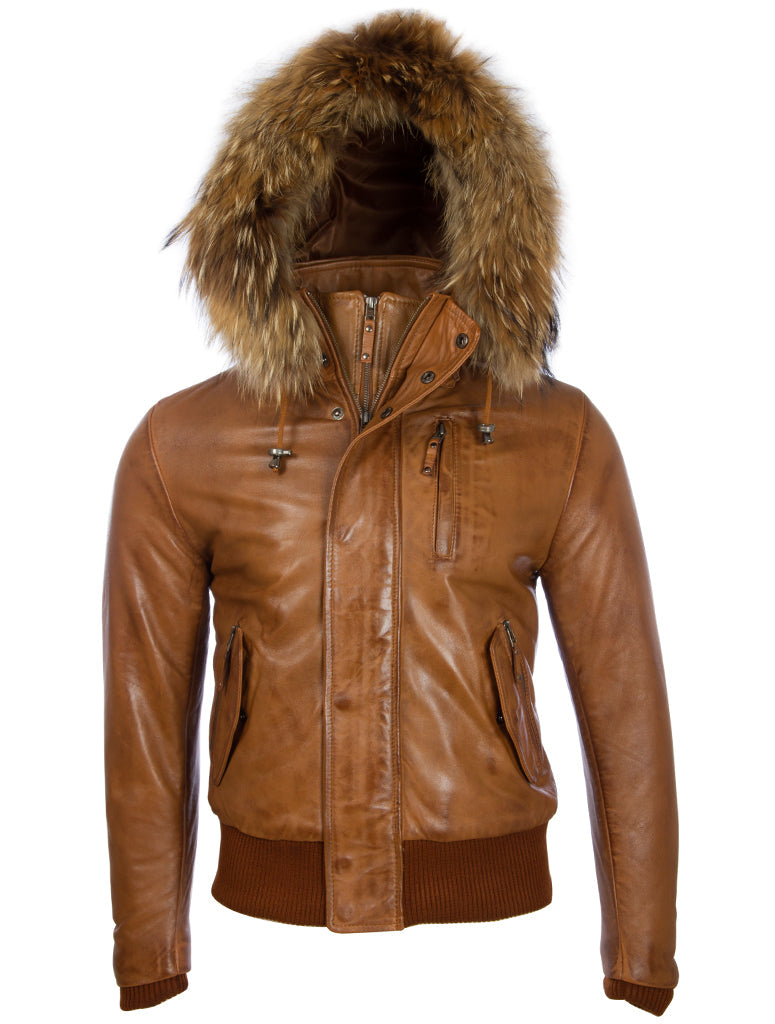Brown leather jacket with fur hood on a white background