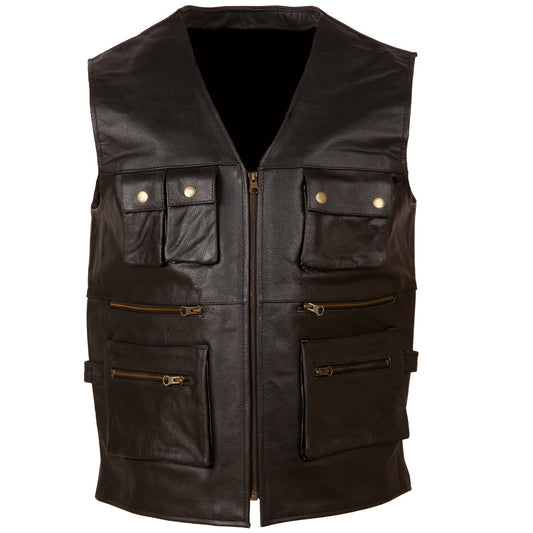 Men's Black Leather Multi-Pocket Hunting Vest