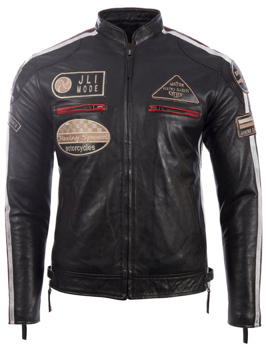 Black leather jacket with patches on a white background front view