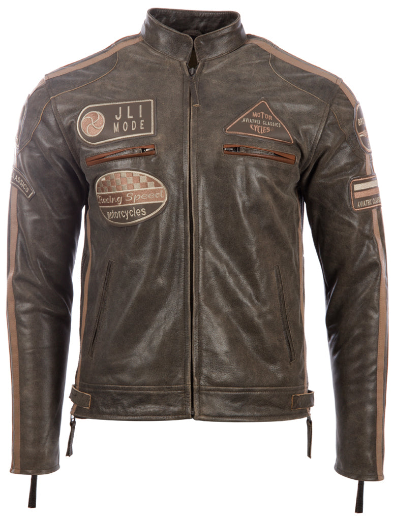 Brown leather jacket with patches on a white background