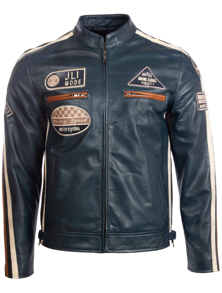 Blue leather jacket with patches on a white background