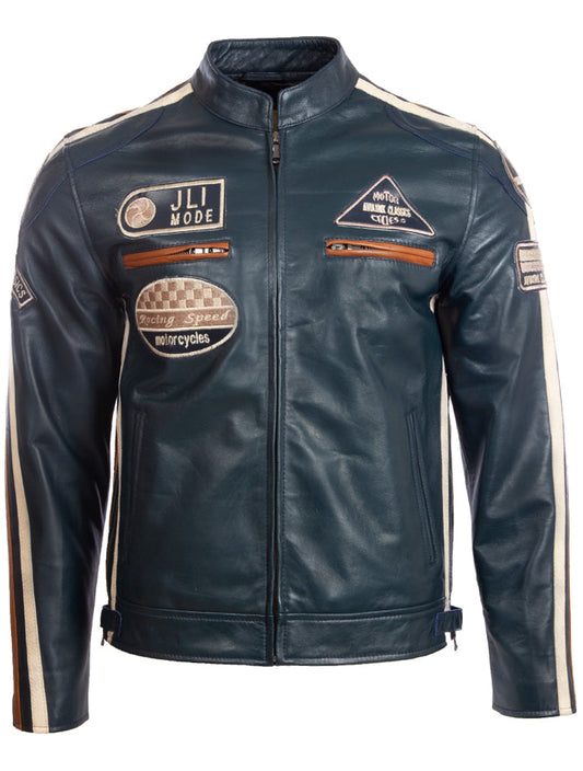 Blue leather jacket with patches on a white background