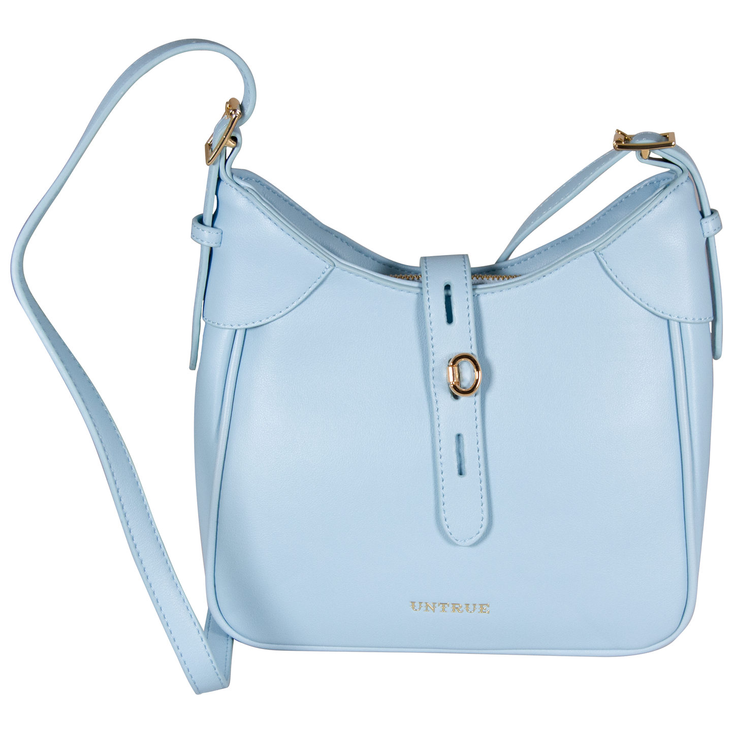 Light blue handbag with a strap on a white background