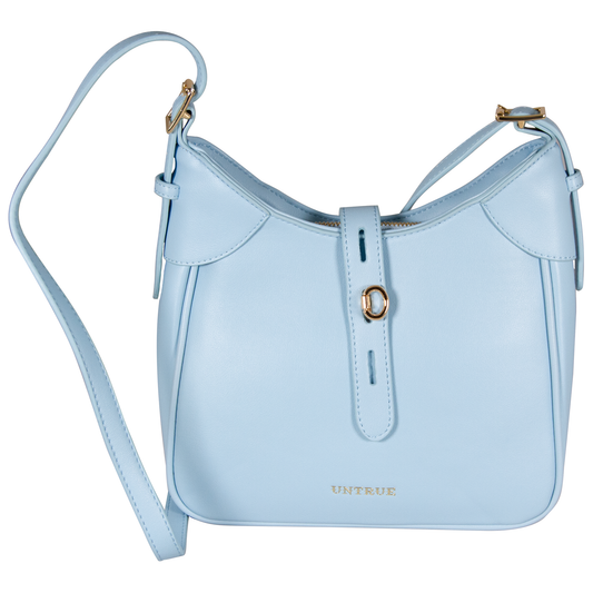 Light blue handbag with a strap on a white background