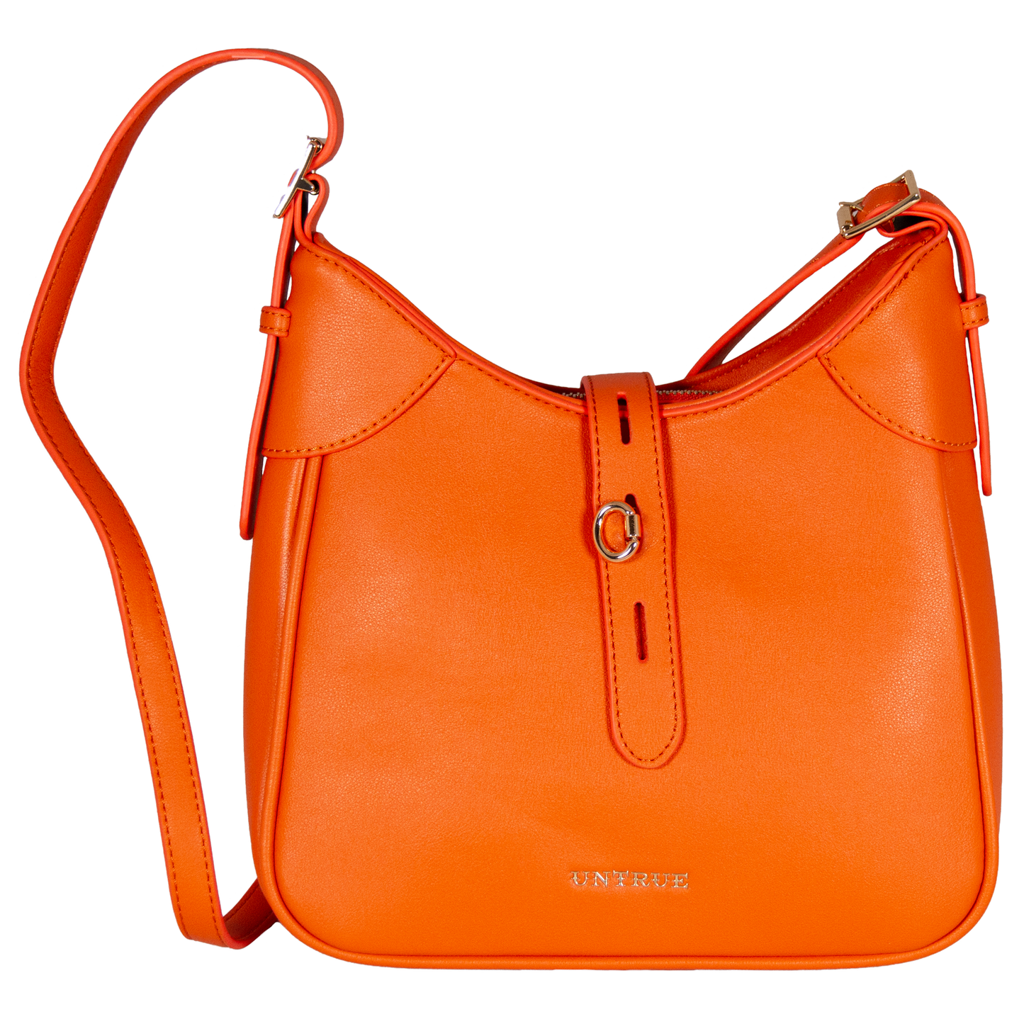 Orange handbag with a strap on a white background