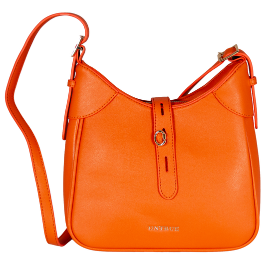 Orange handbag with a strap on a white background