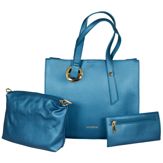 Set of blue handbags with gold accents on a white background