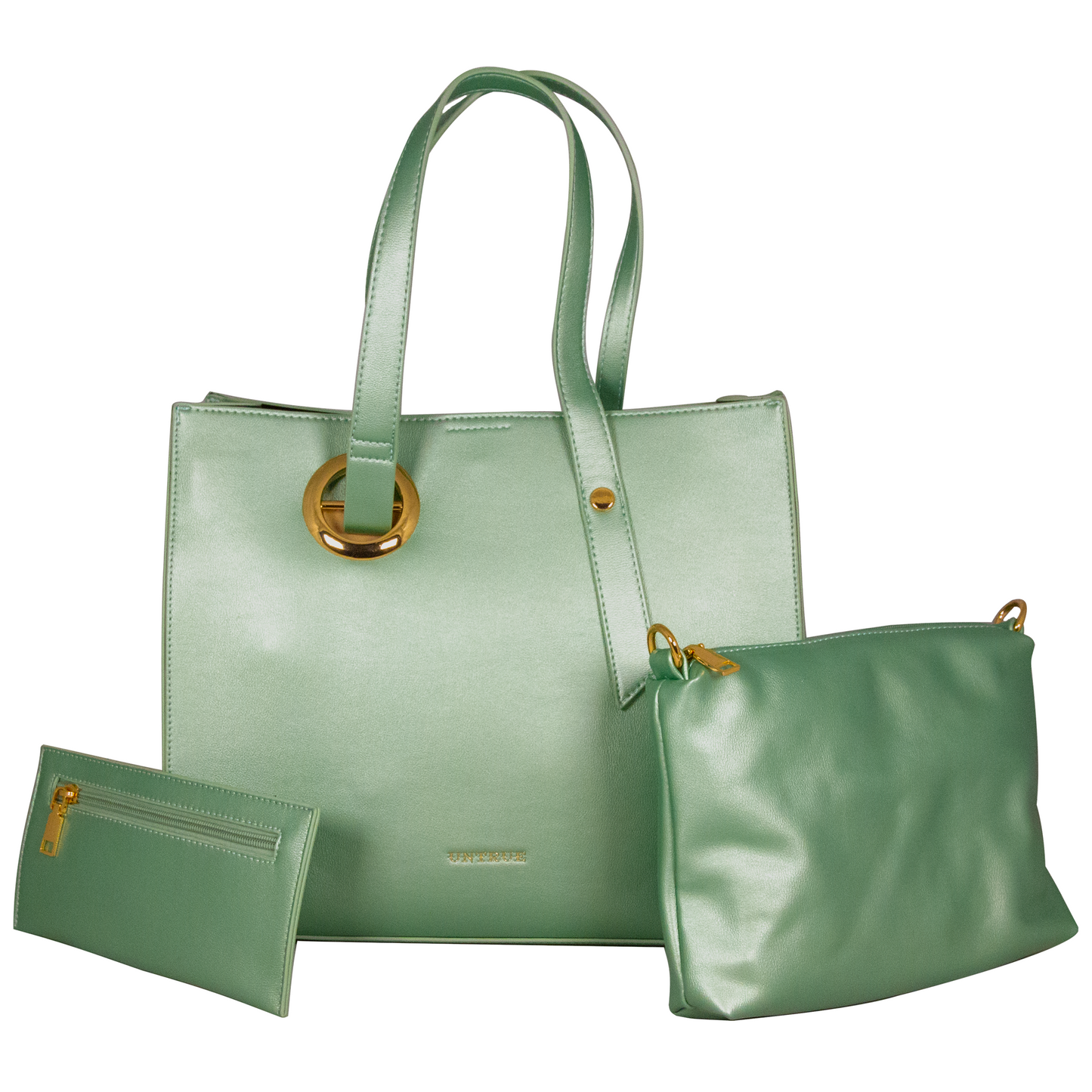 Green handbag set with matching pouch and wallet on a white background