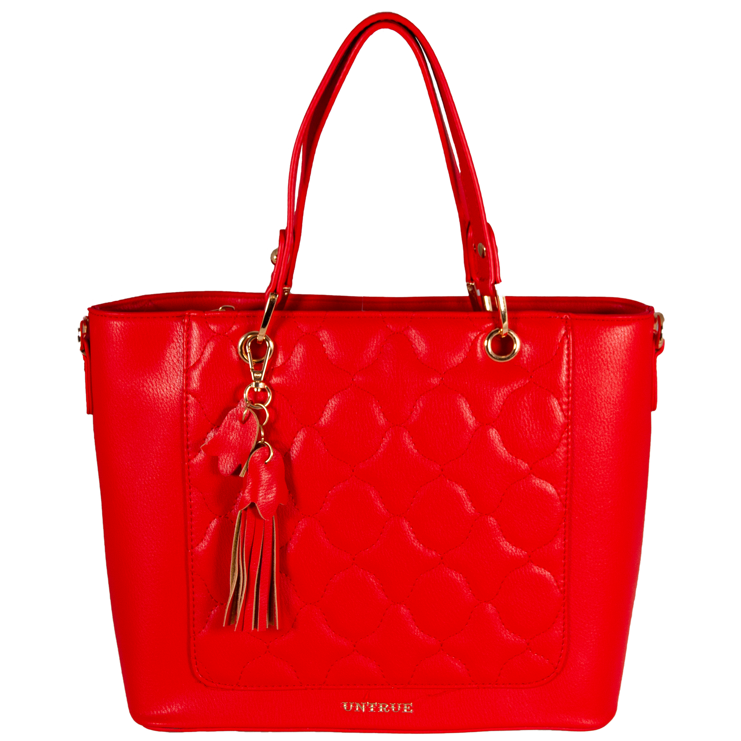 Red handbag with gold accents on a white background