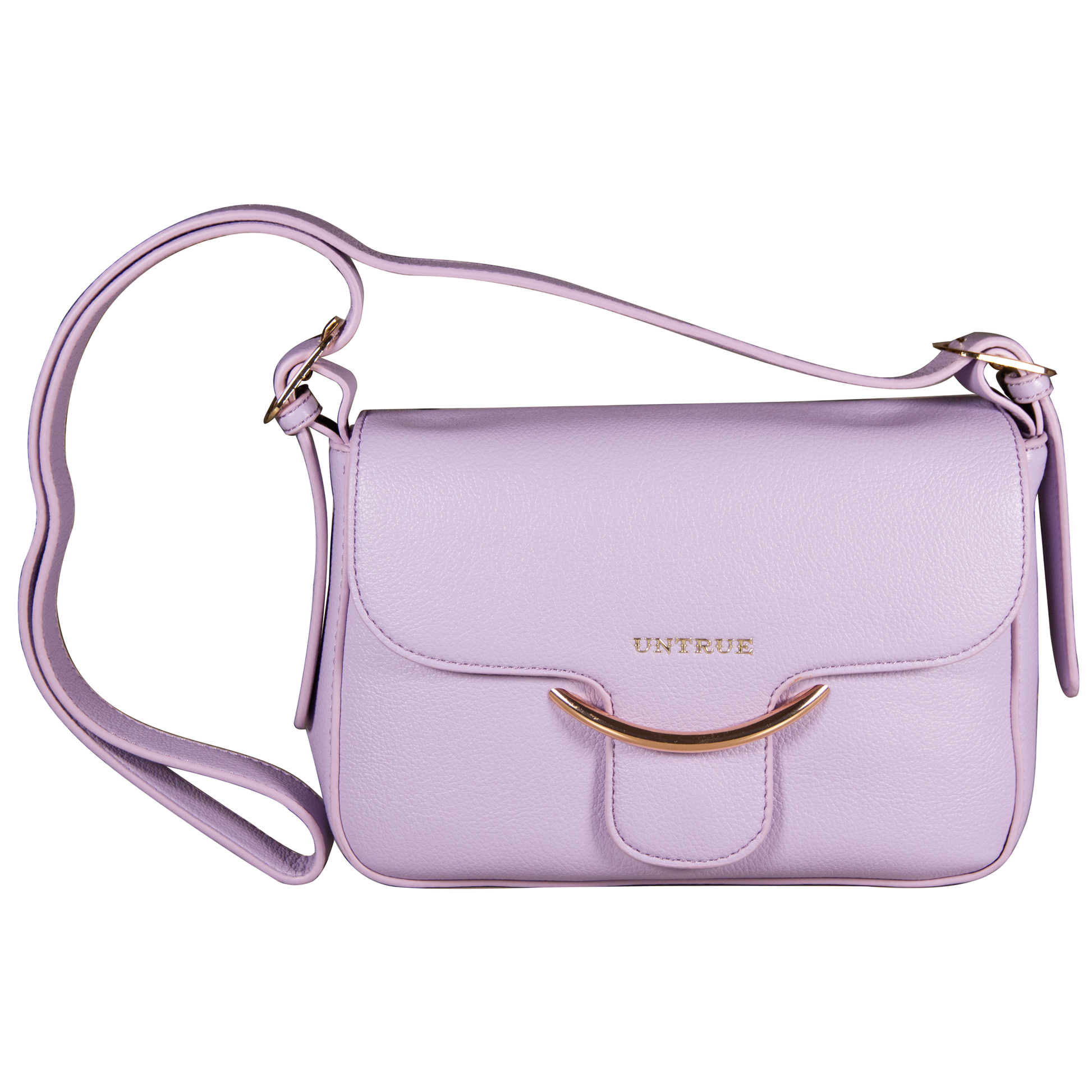 Lavender handbag with gold accents on a white background