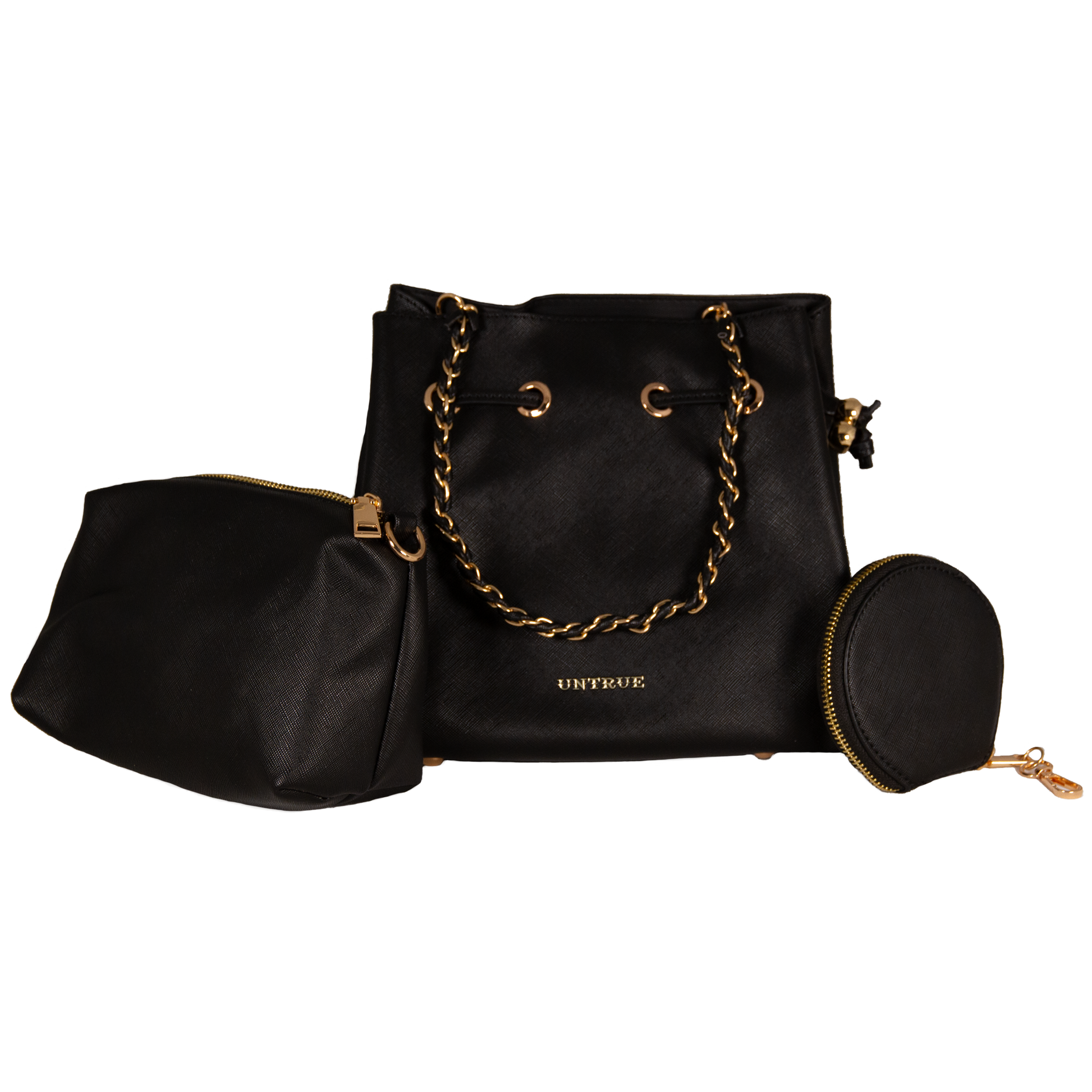 Black handbag with gold chain and matching pouches on a white background
