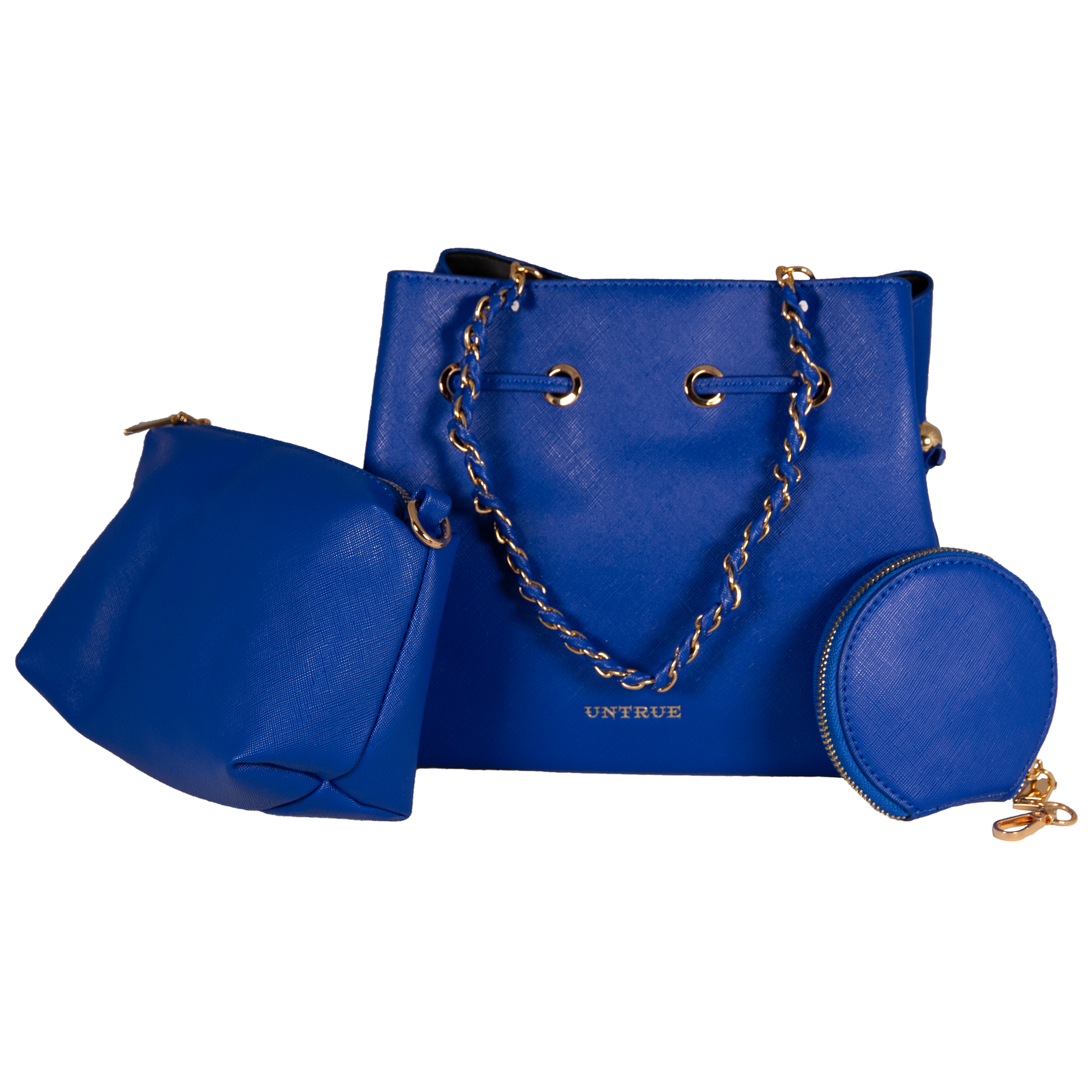 Blue handbag set with chain detail on a white background