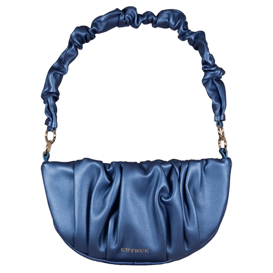 Blue satin handbag with ruched handle on a white background