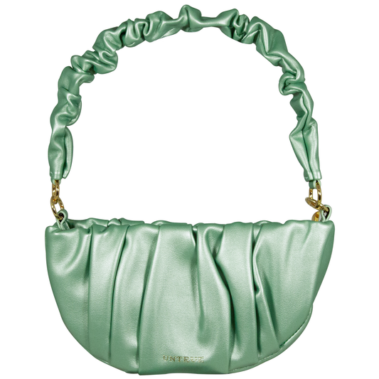 Green handbag with ruched handle on a white background