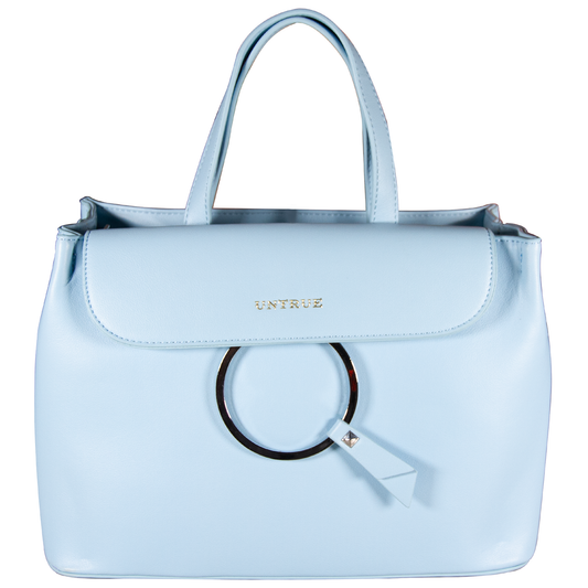 Light blue handbag with a circular handle and visible brand name on a white background