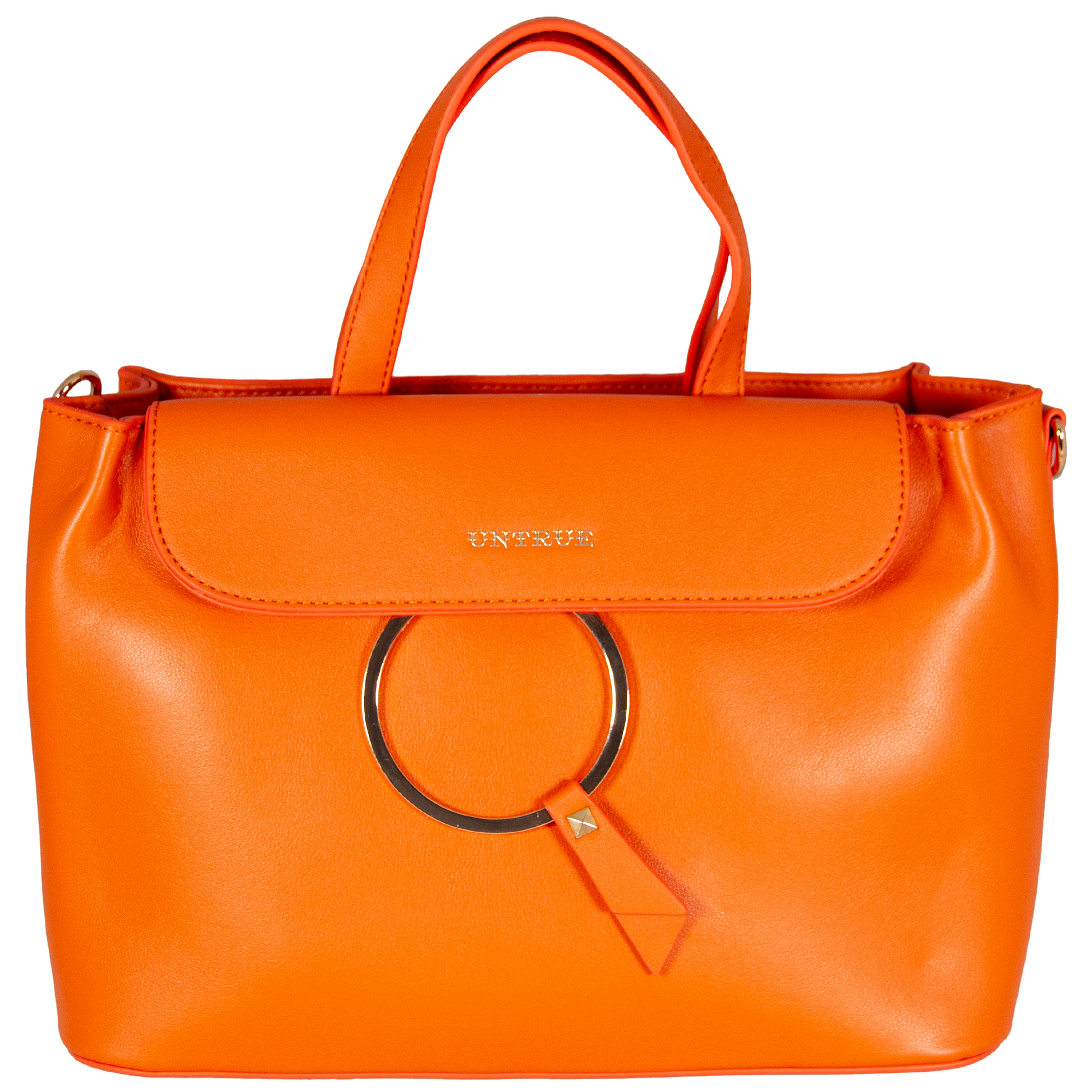 Orange handbag with a circular handle on a white background front view