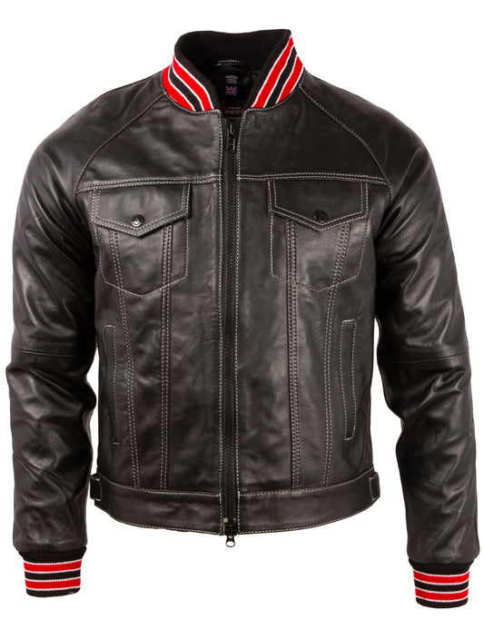Men's Black Leather Trucker Jacket - Varsity Style