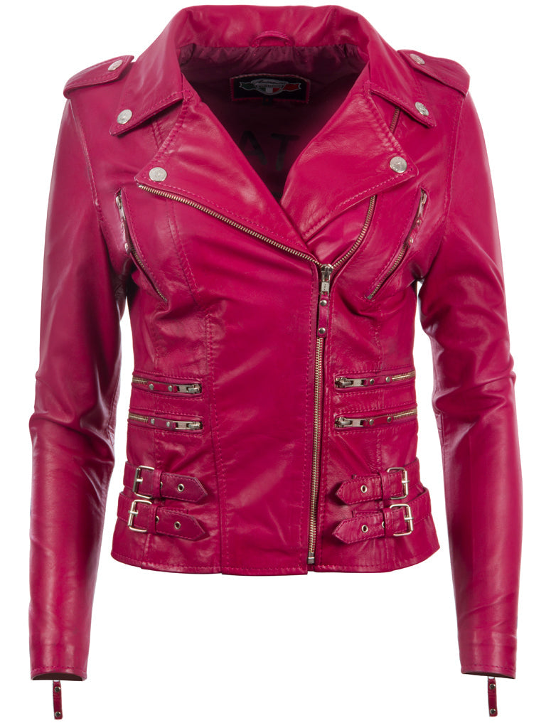 Pink leather jacket with zippers and buttons on a white background
