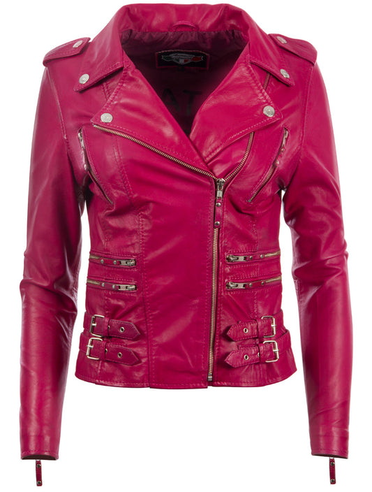 Pink leather jacket with zippers and buttons on a white background