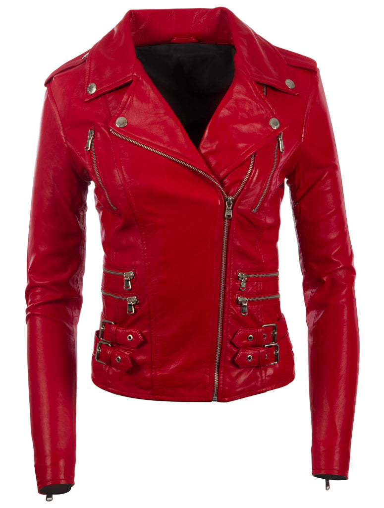 Red leather jacket with zippers on a white background