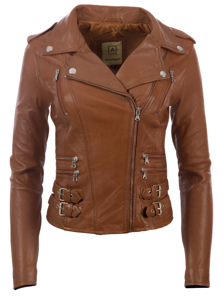 Brown leather jacket with silver zippers on a white background