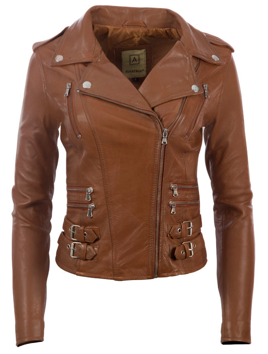 Brown leather jacket with silver zippers on a white background