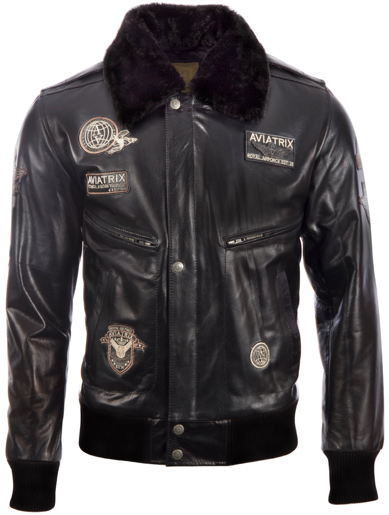 Black leather jacket with patches on a white background front view