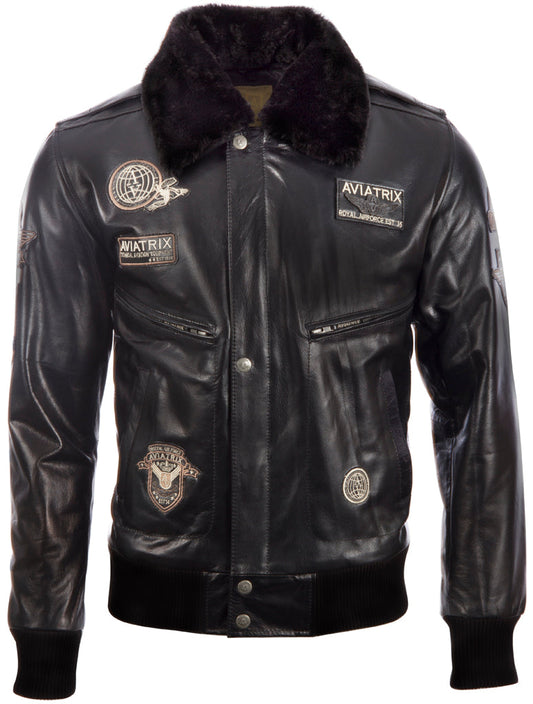 Black leather jacket with patches on a white background front view