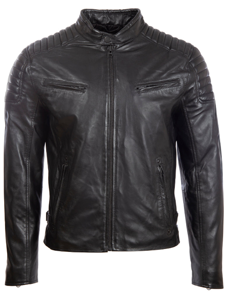 Men's Diamond Biker Leather Jacket - Black