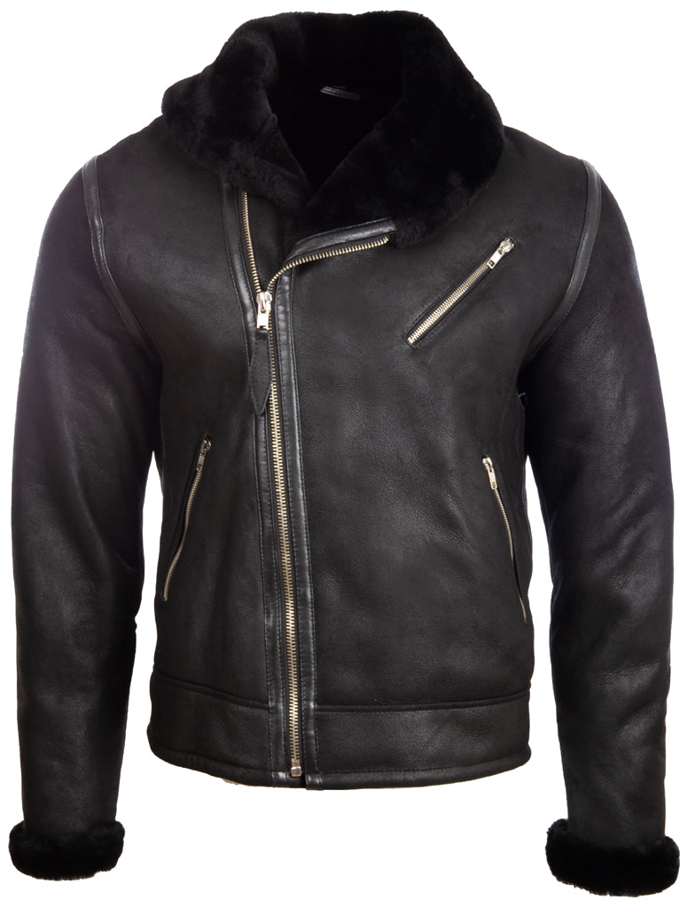 Men's Black Shearling Shawl Jacket - Sheepskin