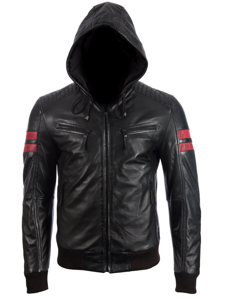 Men's Black Leather Bomber Jacket with Hood